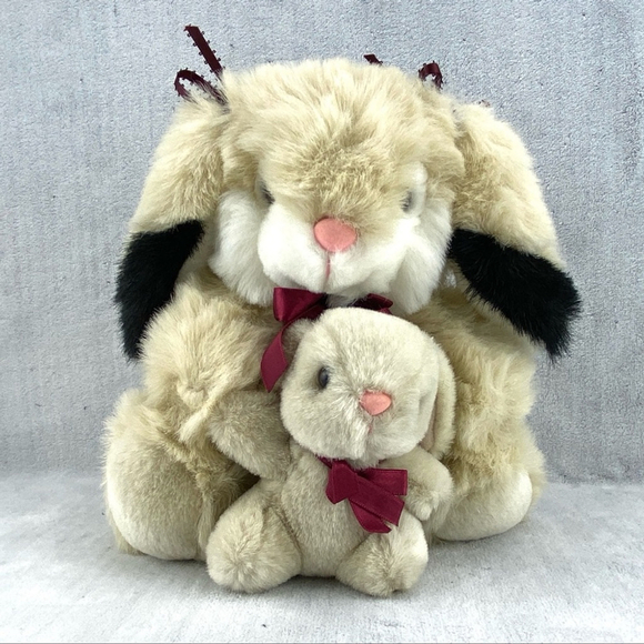 Aurora Bunny Rabbit and Baby Vintage Plush 1989 Solid Stuffed Teddy Bear Soft - Picture 1 of 14